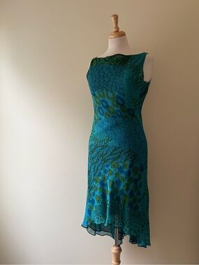 Vintage Reversible Sheer Blue Abstract Midi Dress | 90s Y2K